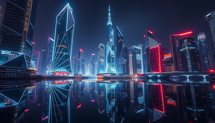 Futuristic City Skyline at Night Reflected in Water