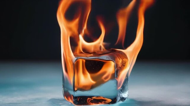 Conceptual photograph of an ice cube engulfed in flames, symbolizing the contrast between fire and ice. Captivating image highlighting heat and cold dynamics. created with generative ai	
