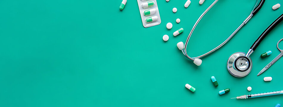 A collection of medical supplies including a stethoscope pills and a syringe arranged on a teal background symbolizing healthcare and treatment	