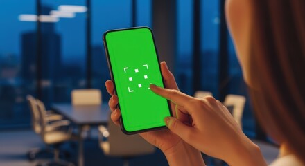 Businesswoman using green screen smartphone in modern office