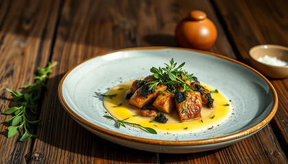 Deliciously Plated Gourmet Dish of Roasted Cutlets with Creamy Sauce and Black Truffle