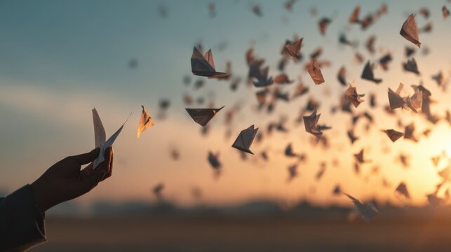Hand Releasing Paper Airplanes into the Sunset with Soft Focus on the Gliding Origami Artworks in the Sky