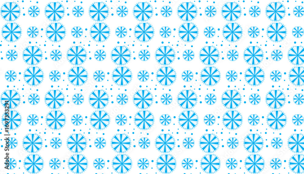 Poster blue geometric starbursts and dots pattern on white background abstract repeating