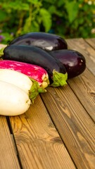 Assorted eggplants on a wooden surface