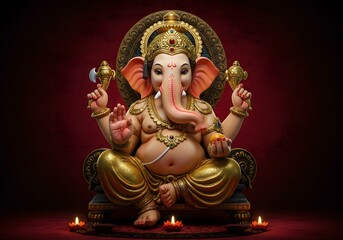 Colorful Ganesha Statue Sitting on Throne with Gold Accents and Red Background