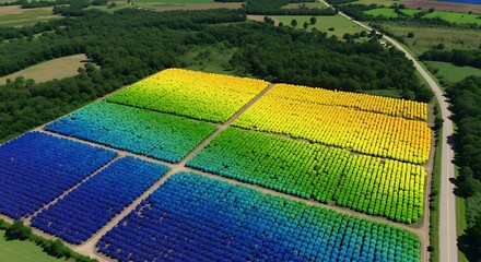 Aerial view of a large field, sections with gradient colors, showing modern data visualization for sustainable energy or advanced agricultural monitoring