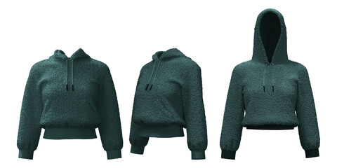 Realistic dense fleece hoodie in various views showcasing casual style © puruan