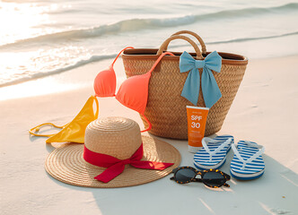 Beach vacation essentials laid out on the sand with a straw hat and bag