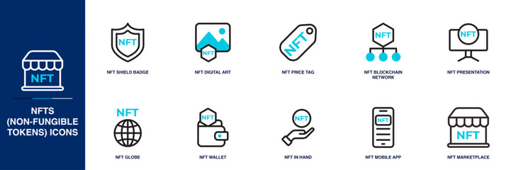 NFTs (Non-Fungible Tokens) Blue Colored Outline Icon Set