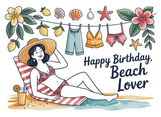 Obraz premium Happy birthday beach lover woman relaxing on lounge chair by the ocean