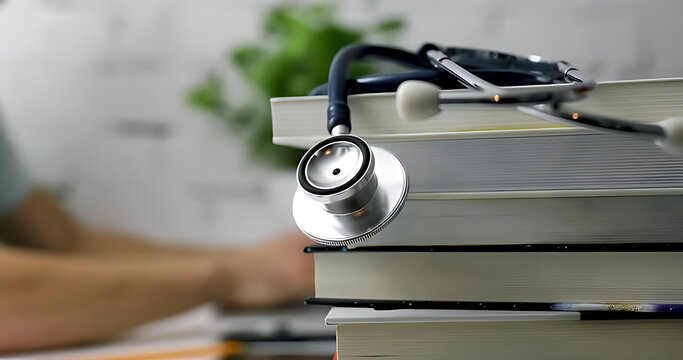 A Comprehensive Collection of Medical Textbooks and a Stethoscope Resting on Top Symbolizing the Dedication to Learning and Study in the Field of Healthcare and Medicine for Future Professionals	