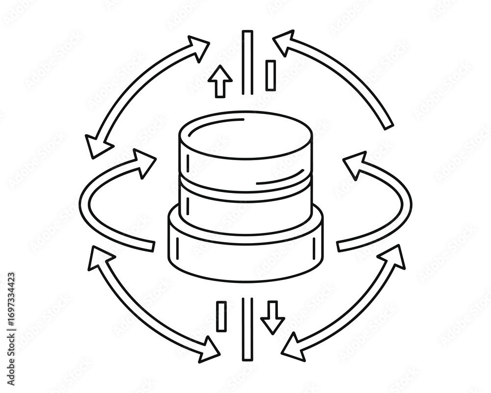 Poster Vector Illustration of Centralized Database with Data Flow represented by Arrows.