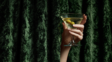 Classic martini with green olives held in hand against velvet curtain