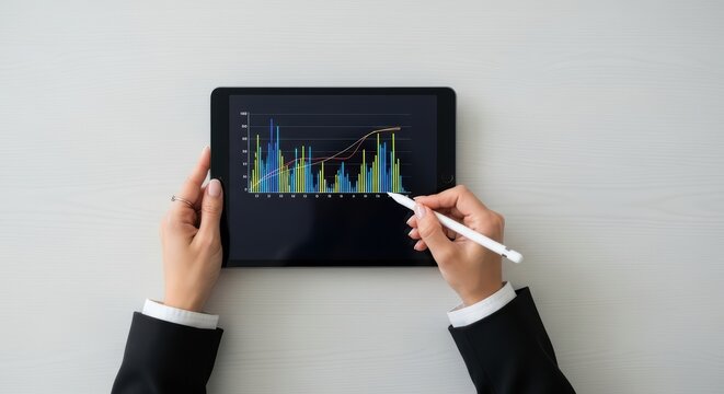 Female hands analyzing business data on tablet with stylus