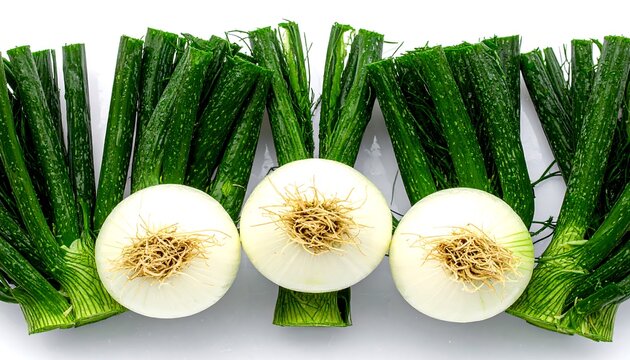 Fresh spring onions on white background