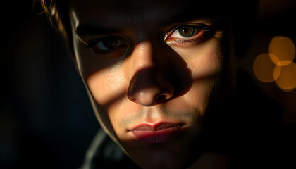 Close-up portrait of a young man in dramatic shadow play