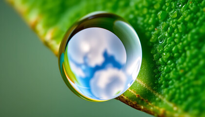 Macro Water Droplet on Leaf, Reflecting Sky