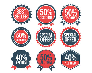 Obraz premium A set of nine vintage-style sale badges and promotional label for special offers, discounts, and best seller tags
