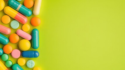 Obraz premium Colorful Assorted Pills and Capsules in Bright Packaging with Copy Space for Medical or Pharmaceutical Product Promotion or Healthcare Advertising