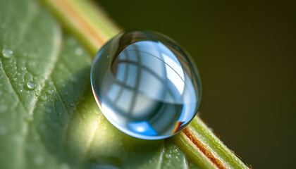 Close-up of a water droplet reflecting a window on a green leaf.
