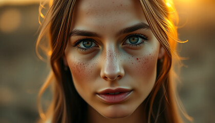Close-up Portrait of a Young Woman with Freckles and Radiant Eyes