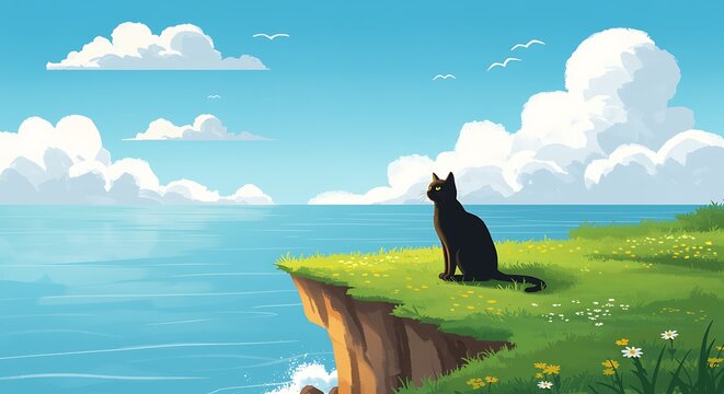 Black cat sitting on cliff looking out over peaceful ocean scene