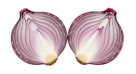 Red onion halves symmetrical isolated on a transparent background