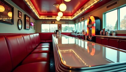 Classic American Diner Bar Interior Nostalgic Red Vinyl Booths and Gleaming Chrome Accents