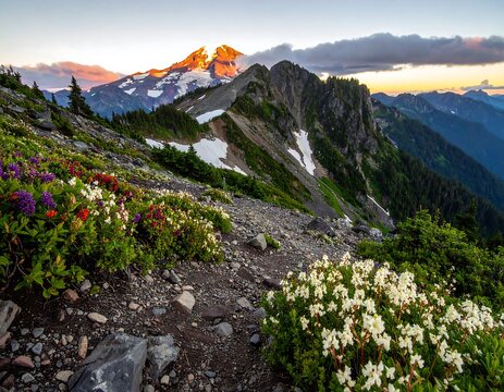 Mountain peak at sunset with wildflowers