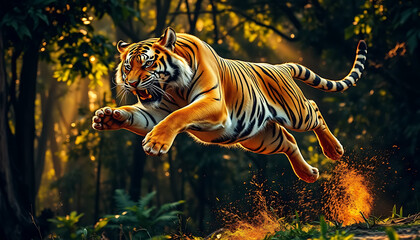 Majestic Tiger in Mid-Leap Through Lush Jungle