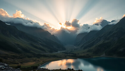 Majestic Sunset Over Mountain Lake Valley