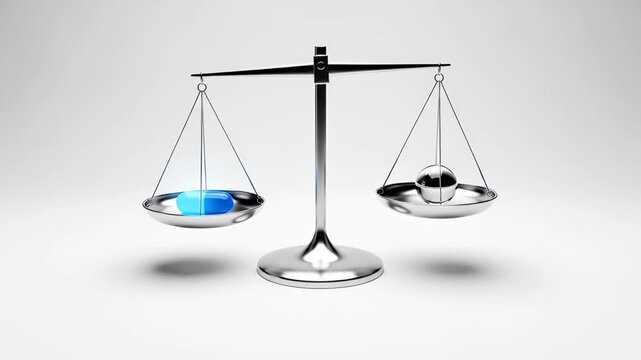 A balanced scale weighing blue pills against a metal sphere symbolizing medical ethics and healthcare choices.