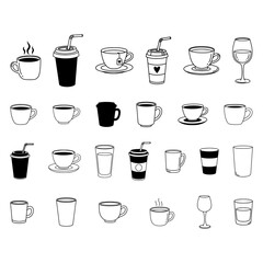 A diverse collection of hand drawn outline icons featuring various beverage cups, mugs, and glasses. Ideal for cafe menus, web design, or graphic projects.