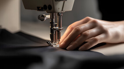 Close up of hands sewing black fabric with sewing machine needle