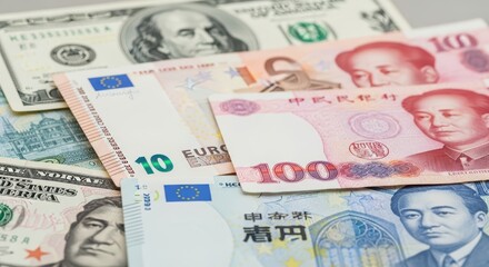 Obraz premium Diverse global currencies: usd, euro, yuan, yen banknotes arranged together