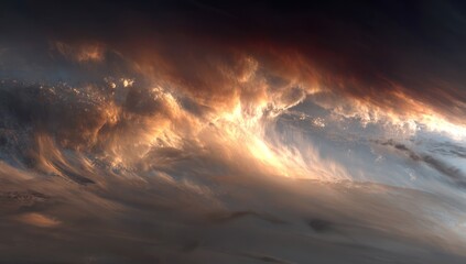 Obraz premium Dramatic celestial cloudscapes, with fiery hues and swirling textures, create an otherworldly atmosphere.