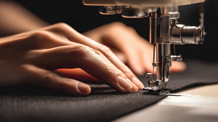 Close up of hands sewing black fabric with sewing machine needle