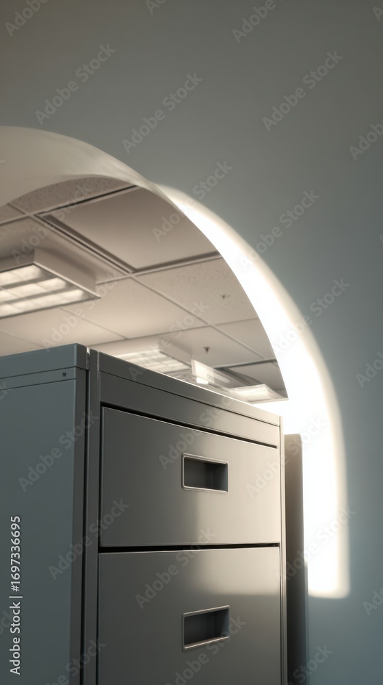Poster soft light cascading over filing cabinet in modern office space emphasizes minimalist design and org