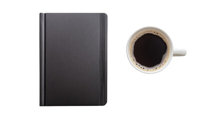 Black leather bound journal and coffee cup with dark coffee on transparent background