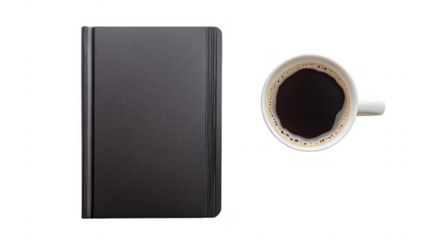 Black leather bound journal and coffee cup with dark coffee on transparent background