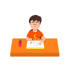 Cute boy draws a perfect circle with a compass in his sketchbook