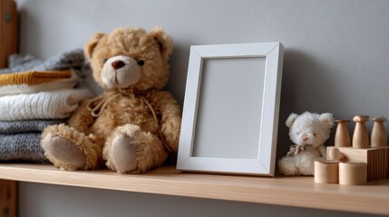 Empty Wooden Frame Mockup and Teddy Bear on Table