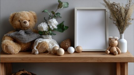 Empty Wooden Frame Mockup and Teddy Bear on Table
