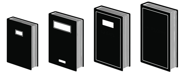 Isometric illustration of four black books with white labels and pages in increasing size on a white background