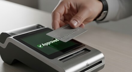 Close-up of hand holding credit card for contactless payment at terminal