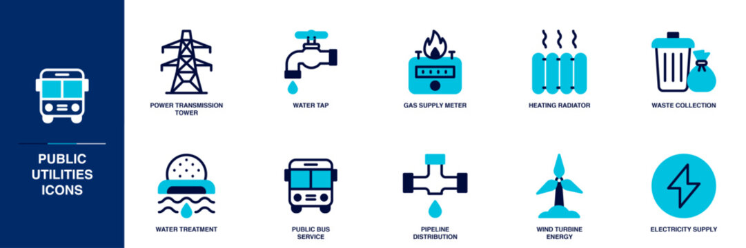 Public Utilities Blue Colored Outline Icon Set