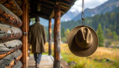 a moody scene where the focus shifts from a blurred figure entering a cabin to a fedora hanging by the entrance, catching the viewer’s attention