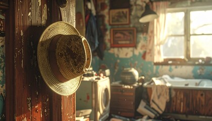 a handheld-style video capturing a room in disarray, ending with the camera coming into focus on a lone hat hanging silently on the back of a door