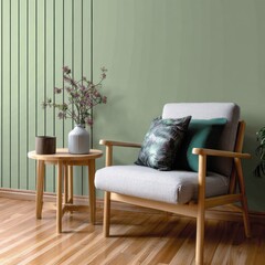 An empty green wall with vertical stripes, and a wooden armchair.