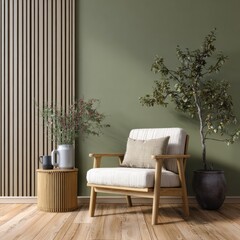 An empty green wall with vertical stripes, and a wooden armchair.